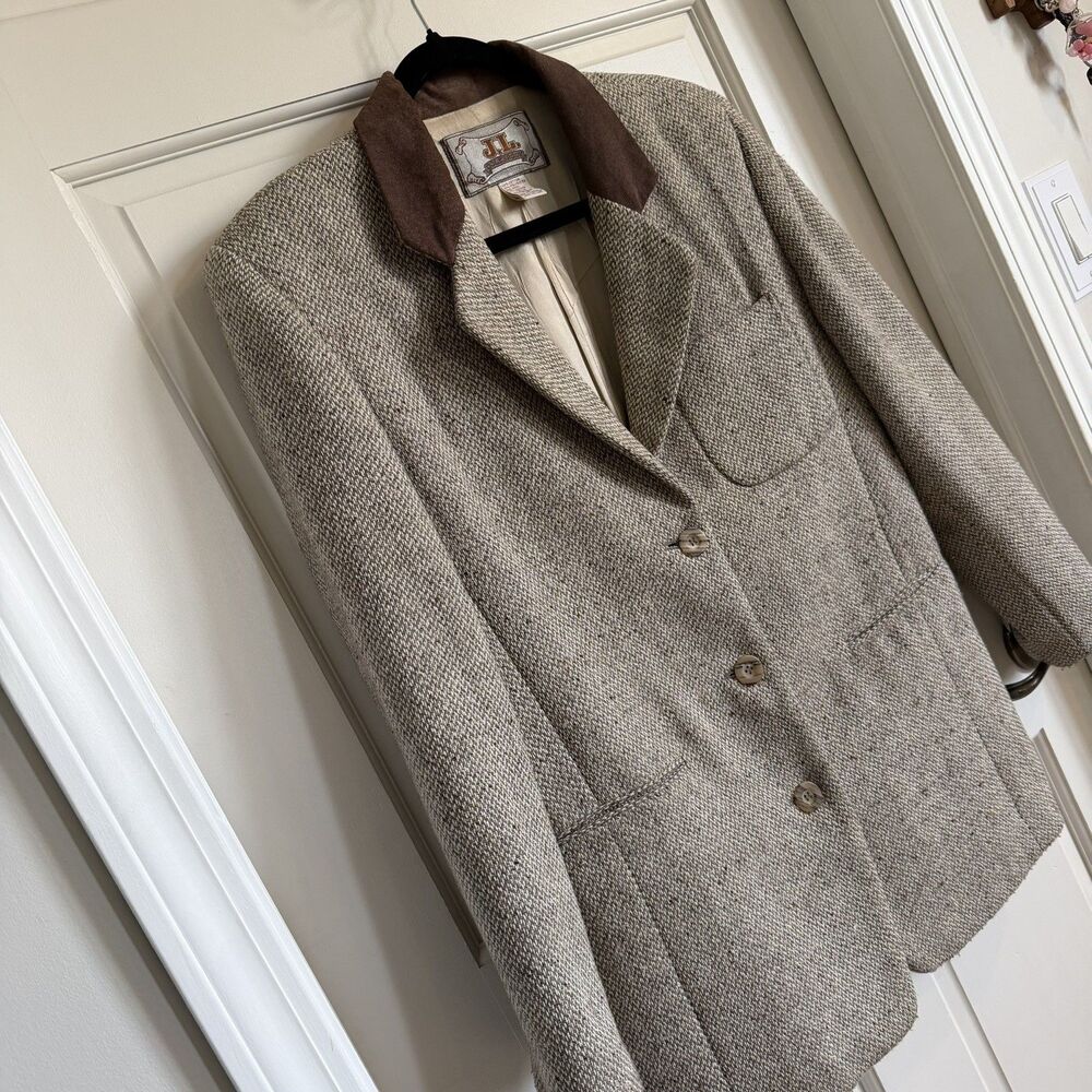 JL Colebrook Blazer Jacket MEDIUM suede Collar Herringbone Wool Blend Vintage